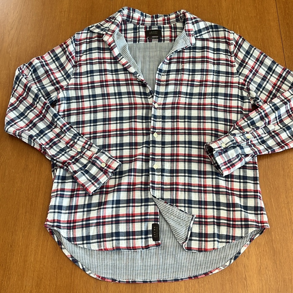 Jachs New York Classic Fit Plaid Sport Shirt, White, Red & Blue Cotton, Size L